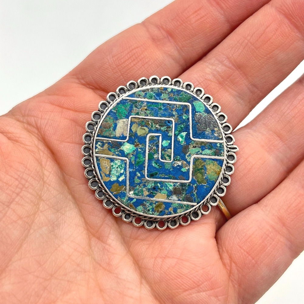 Vintage Mexican Sterling Silver Turquoise Lapis Mosaic Inlay Brooch Pendant 925
